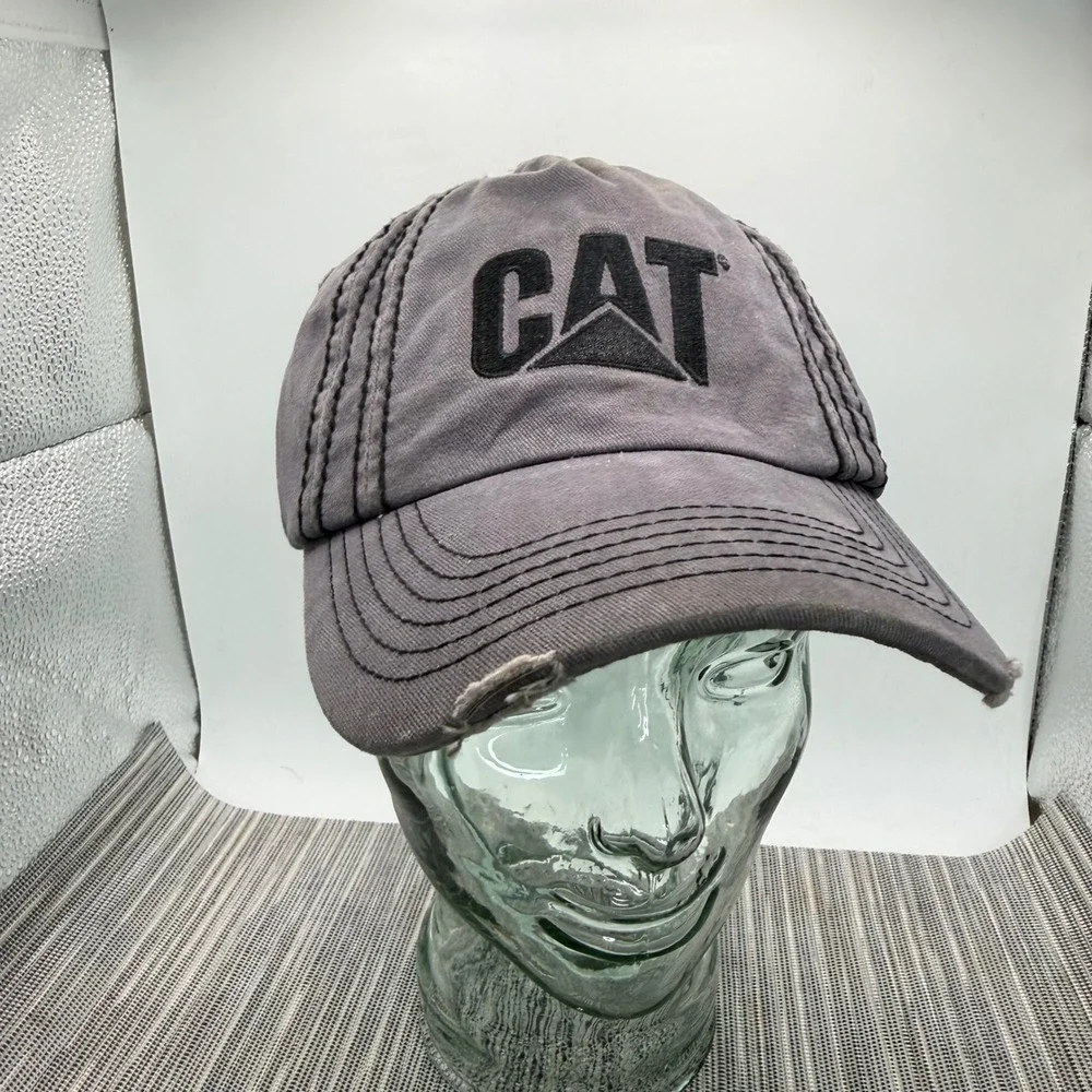 Caterpillar CAT Hat Mens Gray Distressed Cotton Adjustable Baseball Cap Logo
